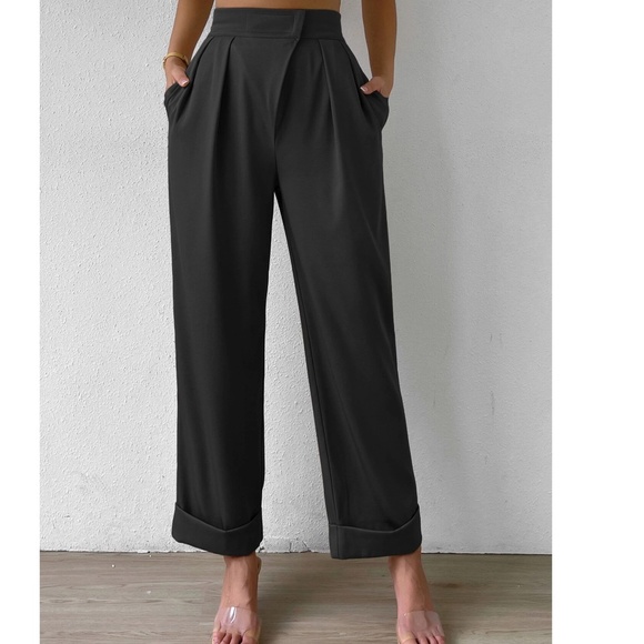 Classic Pleated Cuff Hem High Waisted Trouser Pants - Picture 5 of 5